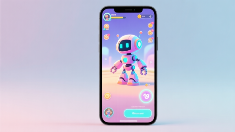 自动生成图片: A smartphone screen showing a vibrant, stylized robot character in a strategy game interface, with soft glowing UI elements and a clean, modern layout, pastel color scheme high quality illustration, detailed, 16:9