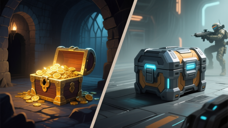 自动生成图片: A split-screen illustration showing a glowing treasure chest in a dark fantasy dungeon on one side, and a sleek high-tech loot crate in a sci-fi battlefield on the other, soft lighting, muted colors high quality illustration, detailed, 16:9