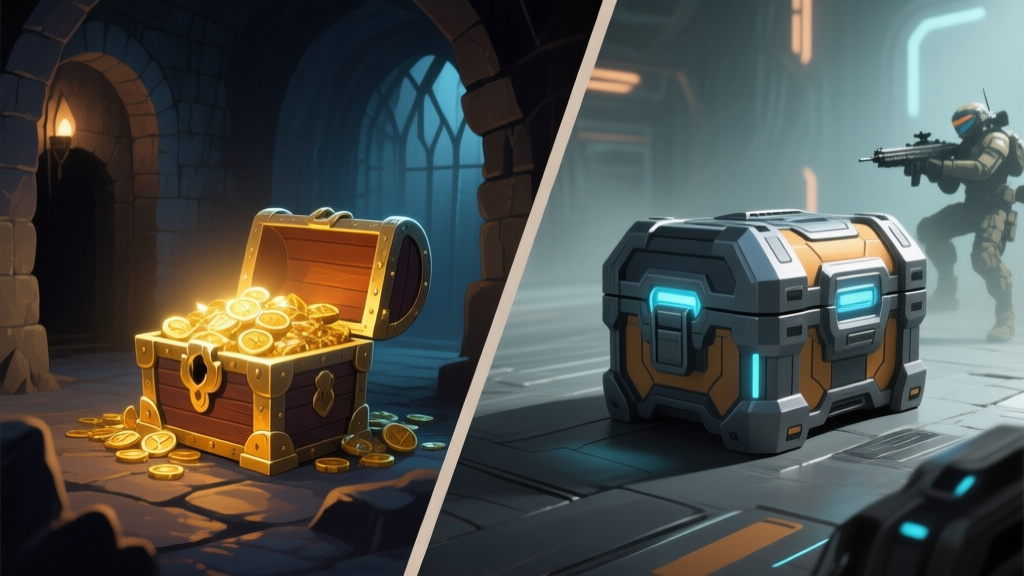 A split-screen illustration showing a glowing treasure chest in a dark fantasy dungeon on one side, and a sleek high-tech loot crate in a sci-fi battlefield on the other, soft lighting, muted colors high quality illustration, detailed, 16:9