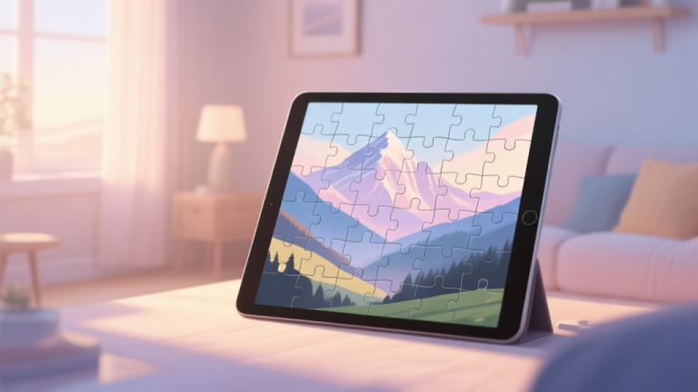 自动生成图片: A serene digital art scene of a cozy room with a tablet displaying a beautiful, nearly completed jigsaw puzzle of a mountain landscape, soft morning light, pastel color palette, peaceful atmosphere high quality illustration, detailed, 16:9