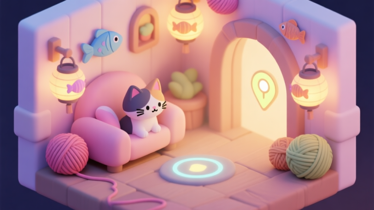自动生成图片: A cozy, isometric game scene with cat-themed decorations like yarn balls and fish-shaped lanterns, soft pastel color palette, a quest marker glowing gently in the background, warm inviting atmosphere high quality illustration, detailed, 16:9