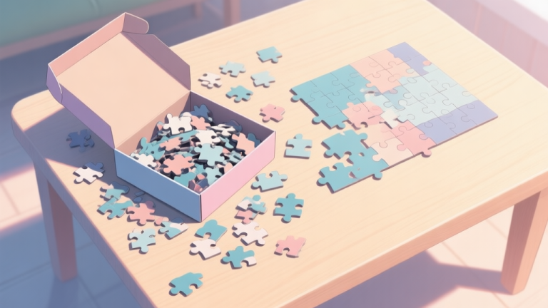 自动生成图片: A top-down view of a chaotic, unopened jigsaw puzzle box with pieces spilled around it, next to a neatly sorted and partially assembled puzzle on a light wooden table, soft natural lighting, pastel color palette high quality illustration, detailed, 16:9