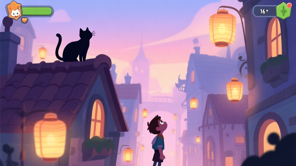 A whimsical, cozy game scene in soft pastel colors, showing a fantastical city street at dusk, filled with glowing lanterns, playful silhouette of cats on rooftops, and a player character looking up in wonder, flat illustration style high quality illustration, detailed, 16:9