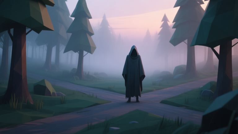 自动生成图片: A mysterious, hooded figure standing at a crossroads in a low-poly forest, soft twilight color palette, ambient mist, concept art style high quality illustration, detailed, 16:9