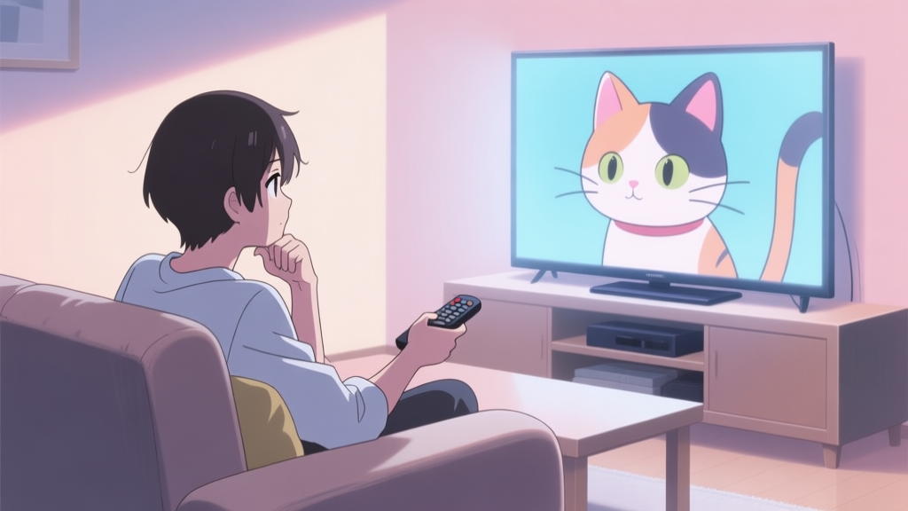 A thoughtful viewer sitting on a couch, holding a remote, with a pensive expression while watching an anime scene with a stylized cat character on a TV screen, soft lighting, pastel color palette high quality illustration, detailed, 16:9