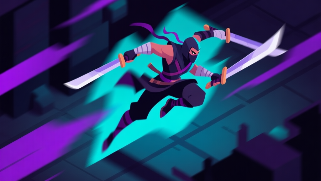 A dynamic game character illustration of a rogue or assassin in mid-action, leaping with dual blades, with motion blur effects, dark color scheme with vibrant accent colors like purple or cyan, isometric view high quality illustration, detailed, 16:9