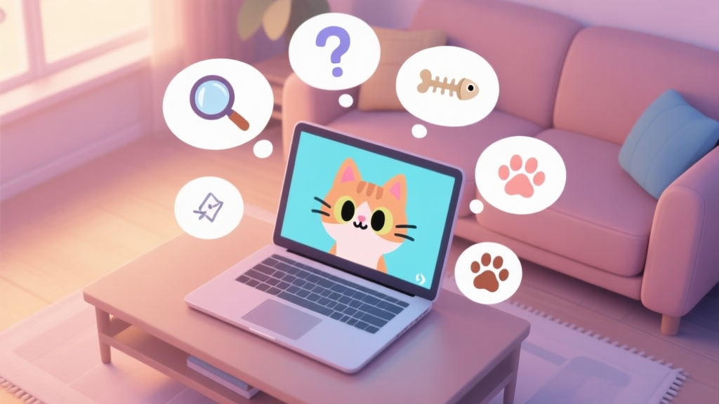 A cozy, softly lit living room scene from a top-down perspective, with a laptop open showing a paused animation of a stylized cat character. Pop-up thought bubbles around the screen contain magnifying glasses, question marks, and hidden symbols like a tiny fish bone and a paw print, all in a pastel color palette. high quality illustration, detailed, 16:9