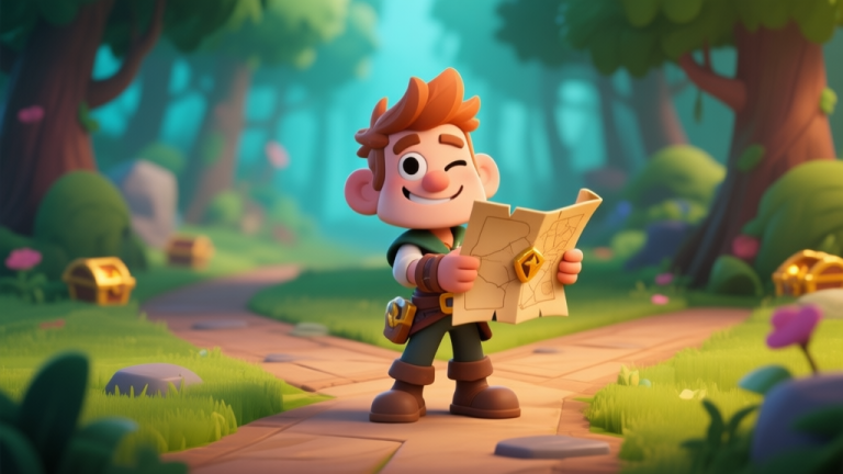 自动生成图片: A friendly, stylized 3D character design of a rogue-like figure (Bob) winking and holding a treasure map, standing at a crossroads in a vibrant game forest, soft lighting, cartoonish render high quality illustration, detailed, 16:9