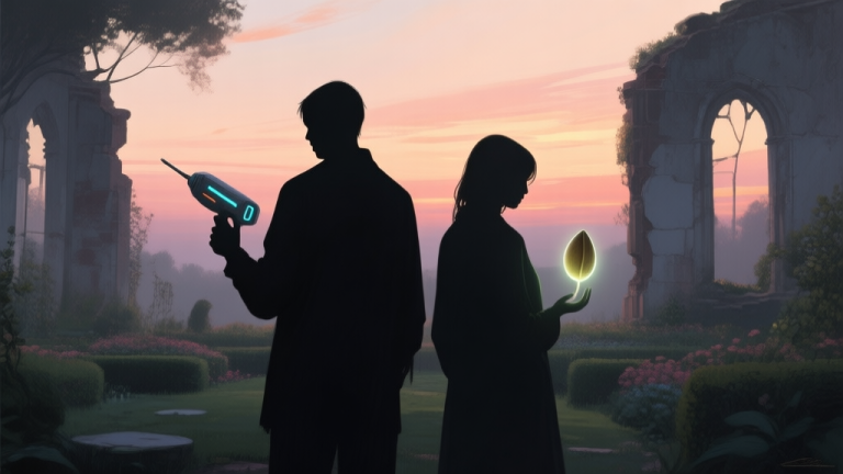 自动生成图片: A melancholic, painterly scene of two silhouetted figures standing back-to-back in a ruined garden, one holding a futuristic tool, the other a glowing seed, soft sunset colors, digital art style high quality illustration, detailed, 16:9