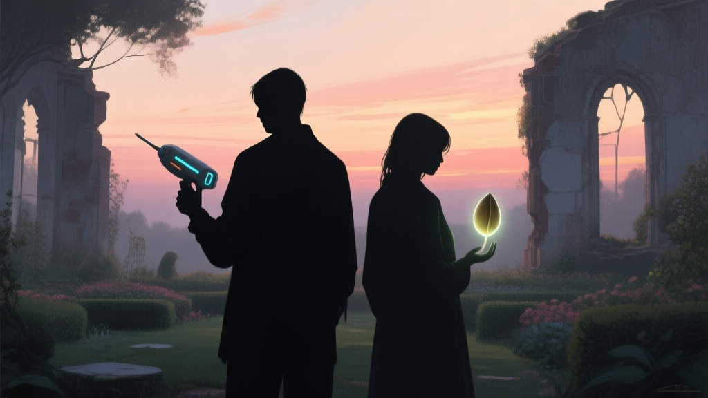 A melancholic, painterly scene of two silhouetted figures standing back-to-back in a ruined garden, one holding a futuristic tool, the other a glowing seed, soft sunset colors, digital art style high quality illustration, detailed, 16:9