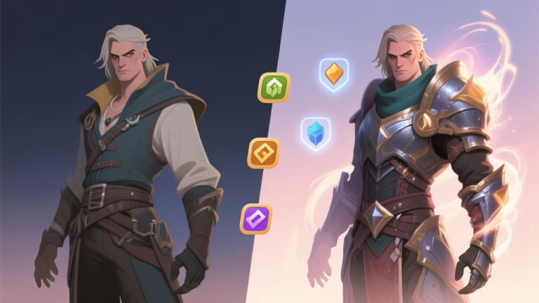 自动生成图片: Side-by-side character comparison illustration of a rogue character, version 1 on left with simpler design and version 2 on right with more detailed armor and effects, soft color palette, highlighting stat differences with floating icons high quality illustration, detailed, 16:9