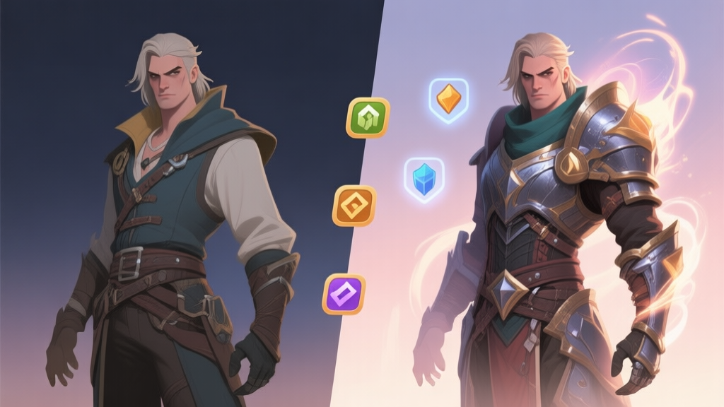 Side-by-side character comparison illustration of a rogue character, version 1 on left with simpler design and version 2 on right with more detailed armor and effects, soft color palette, highlighting stat differences with floating icons high quality illustration, detailed, 16:9