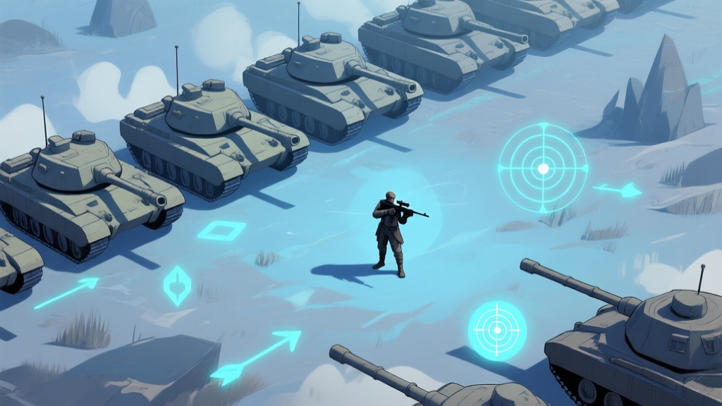 A stylized, top-down view of a fantasy battlefield, showing a lone sniper character positioned safely behind a frontline of tanks. Soft blues and greys dominate, with strategic icons like arrows and target reticules glowing gently. high quality illustration, detailed, 16:9