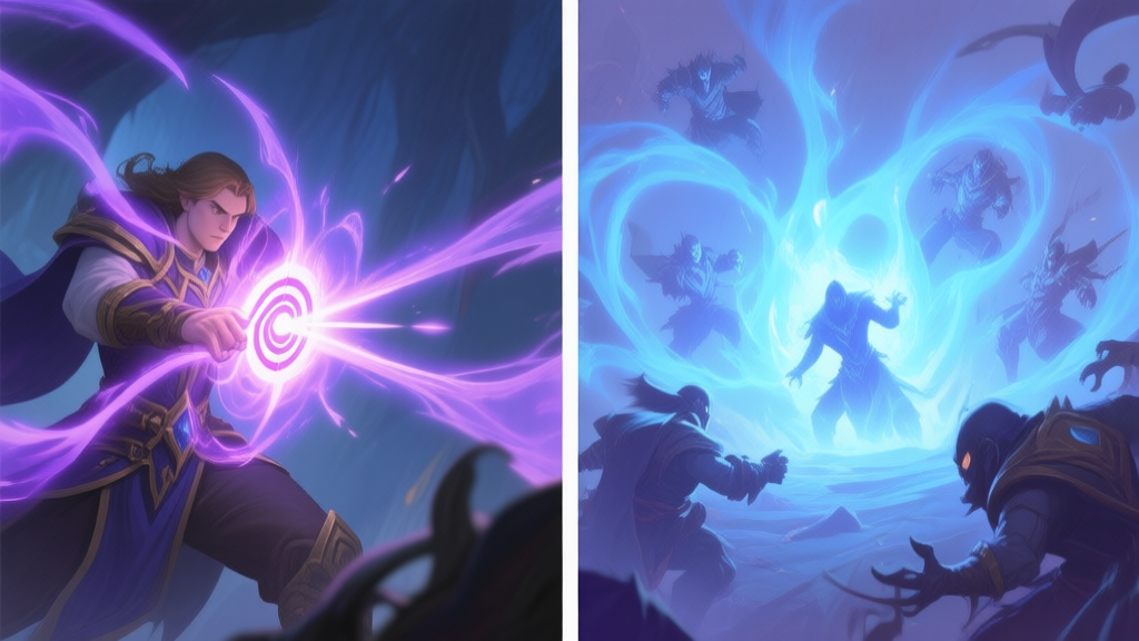 Split-screen illustration showing a focused single-target magical attack on one side and a wide area-of-effect spell hitting multiple enemies on the other, in a soft fantasy color palette with blues and purples high quality illustration, detailed, 16:9
