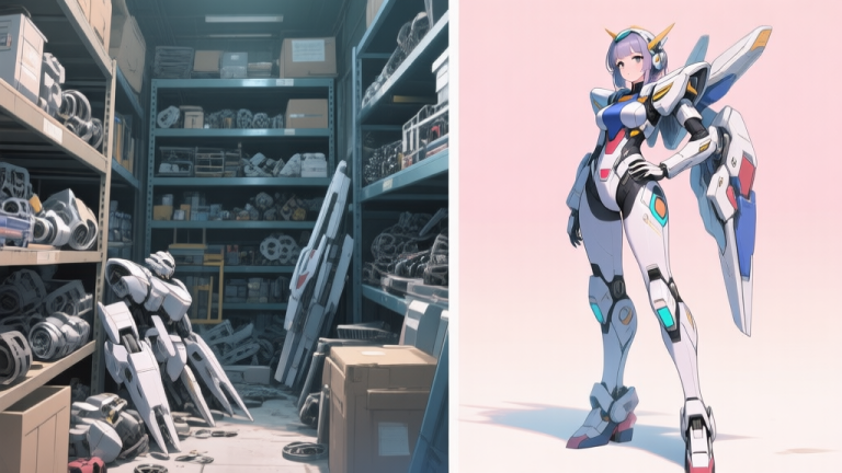 自动生成图片: A split-screen illustration showing a cluttered inventory of mecha parts on one side and a sleek, fully customized mecha girl standing confidently on the other, in a soft pastel and metallic color palette high quality illustration, detailed, 16:9