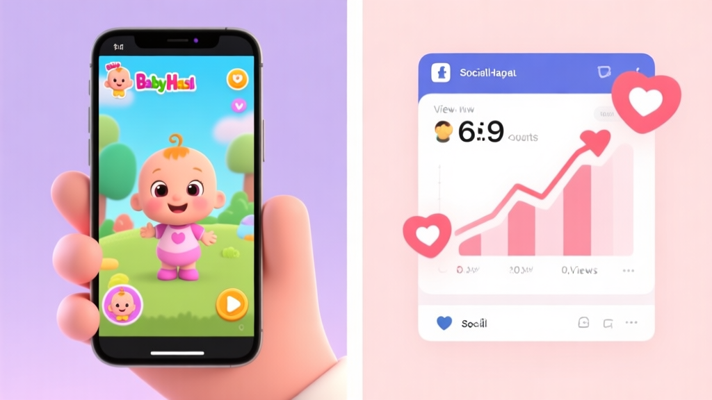 A split-screen image showing a smartphone playing a cute Baby Hazel game animation on one side, and on the other side, a social media dashboard with rising view counts and heart icons, in a soft pastel color palette high quality illustration, detailed, 16:9
