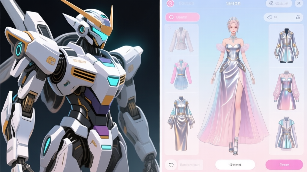 A split-screen illustration showing a sleek, powerful mecha on one side and a detailed, elegant dress-up interface with various futuristic outfits on the other, soft pastel and metallic color scheme high quality illustration, detailed, 16:9