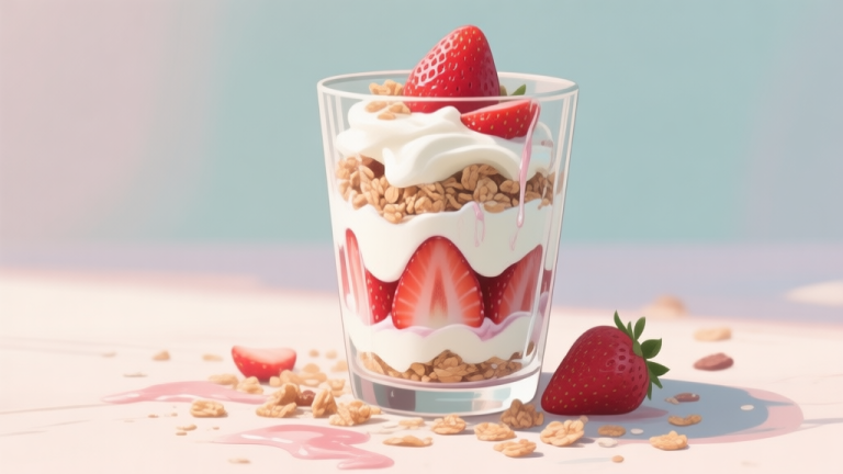 自动生成图片: A failed strawberry parfait in a glass, with soggy granola, runny yogurt layers, and watery strawberries, messy presentation, soft natural lighting, pastel color palette high quality illustration, detailed, 16:9