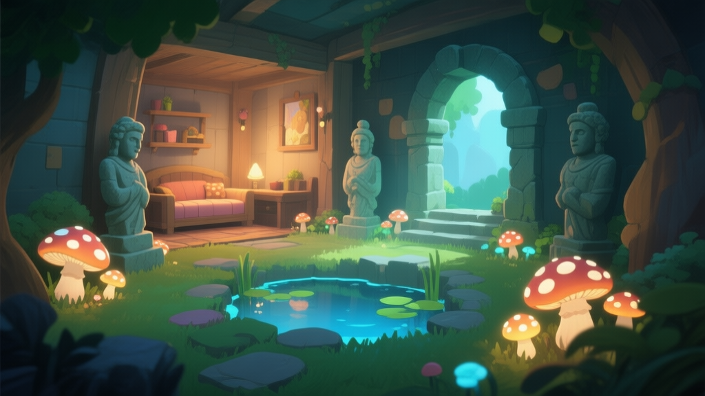 A cozy, hidden garden room inside a video game, with glowing mushrooms, a small pond, and ancient stone statues, viewed from a third-person perspective, soft magical lighting, digital painting style high quality illustration, detailed, 16:9