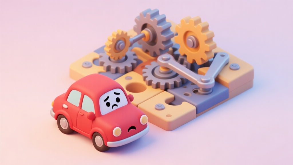 A cute red cartoon car looking puzzled in front of a complex mechanical puzzle with gears and levers, soft pastel background, isometric view, friendly and inviting game art style high quality illustration, detailed, 16:9