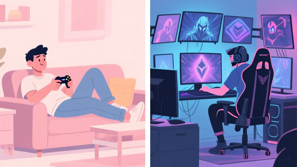 A split-screen illustration showing a casual gamer relaxing on a couch with a controller on one side, and a dedicated hardcore gamer in an intense setup with multiple screens on the other, in a soft pastel color palette high quality illustration, detailed, 16:9