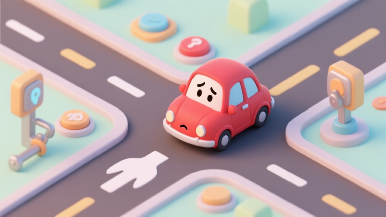 自动生成图片: A cute red cartoon car looking puzzled at a fork in a road with multiple interactive elements like buttons and levers in the background, soft pastel colors, isometric view high quality illustration, detailed, 16:9