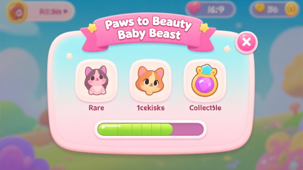 A vibrant and cute mobile game interface showcasing the 'Paws to Beauty Baby Beast' event banner, with icons for rare skins, collectible items, and a progress bar, in a soft pastel color palette high quality illustration, detailed, 16:9