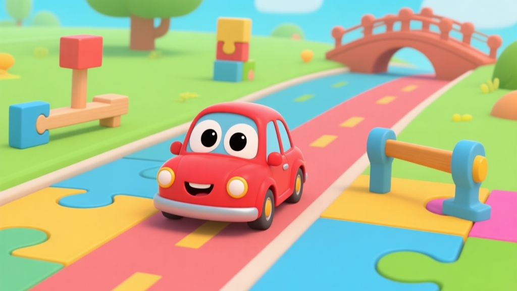 A cheerful, cartoon-style red car with big expressive eyes on a colorful road, passing by simple puzzles like a lever and a bridge, in a bright and friendly 2D game environment high quality illustration, detailed, 16:9