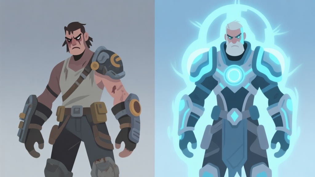 A side-by-side comparison illustration of a weak-looking game character with dull equipment versus the same character glowing with strategic gear and aura, using a soft color palette of blues and greys, flat design style high quality illustration, detailed, 16:9