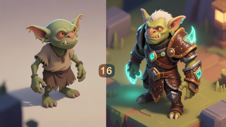 自动生成图片: A side-by-side comparison of a default fantasy creature (goblin-like) in simple rags versus a customized version with intricate leather armor and glowing accessories, isometric game view, soft lighting, muted color palette high quality illustration, detailed, 16:9