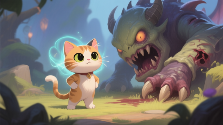 自动生成图片: A cute but determined-looking small cat character in a fantasy game setting, standing confidently next to a much larger, defeated monster. The art style is soft, painterly, with a focus on the cat's expressive eyes and subtle magical aura. high quality illustration, detailed, 16:9