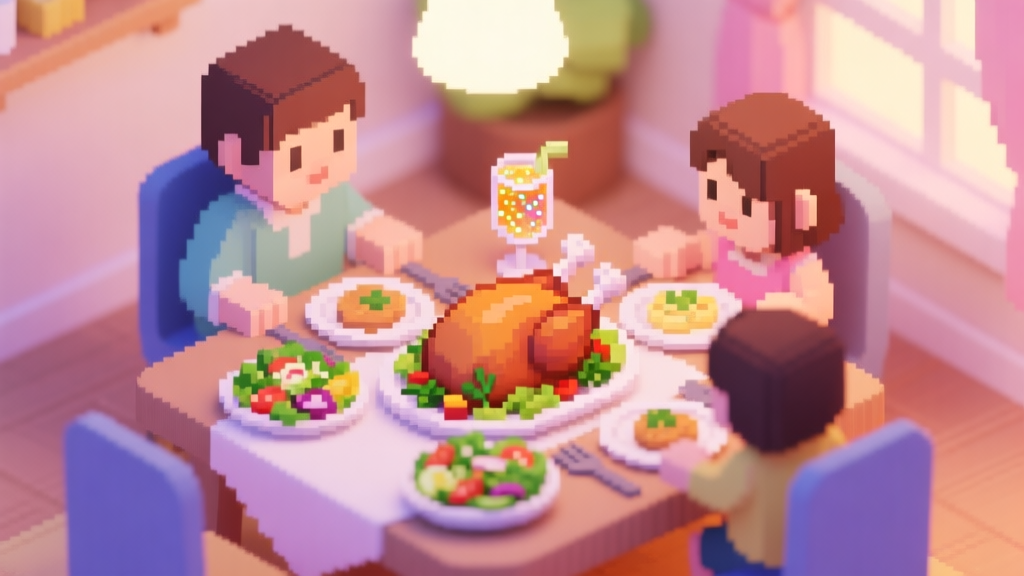 A cozy, isometric view of a virtual family dining table, beautifully set with pixel-art food that looks too pretty to eat, including a central roast chicken with herbs, vibrant salads, and a shimmering drink. Soft pastel color palette, warm lighting, charming game aesthetic high quality illustration, detailed, 16:9