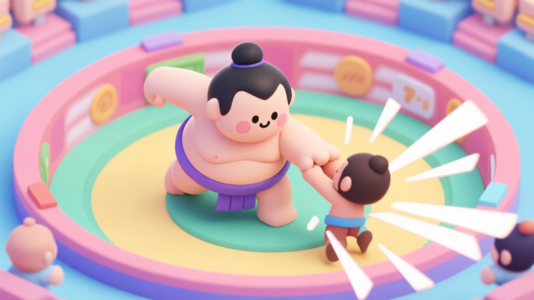 自动生成图片: A cute, stylized sumo wrestler character in a vibrant circular arena, pushing another character towards the edge, dynamic action lines, soft pastel colors, isometric view, game UI elements visible high quality illustration, detailed, 16:9