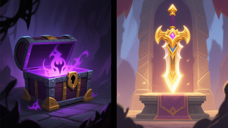 自动生成图片: Split-screen illustration of a dark, ominous treasure chest with a cursed purple glow next to a radiant, golden legendary weapon on an altar, in a fantasy action game style, soft color palette high quality illustration, detailed, 16:9