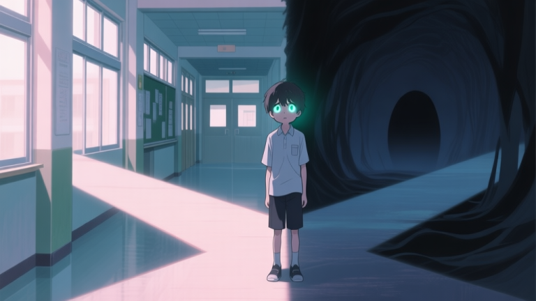 自动生成图片: A stylized, moody anime scene of a confused teenage boy with glowing eyes standing at a crossroads between a normal school hallway and a surreal, shadowy realm, soft pastel colors, cinematic lighting high quality illustration, detailed, 16:9