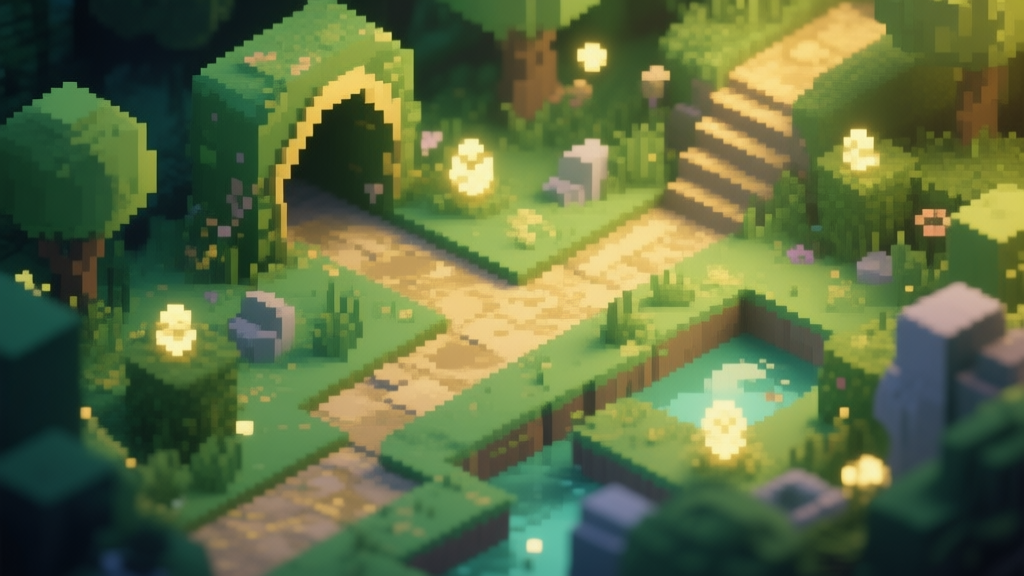 A mysterious, isometric view of a lush pixel-art garden with hidden pathways and faintly glowing objects, soft green and gold color palette, evoking a sense of discovery high quality illustration, detailed, 16:9