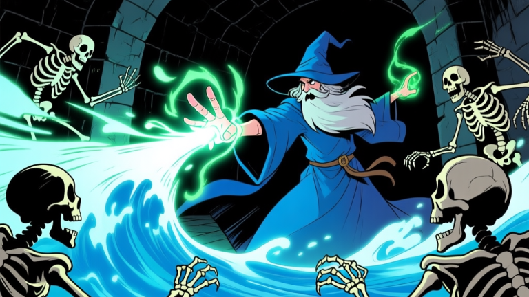自动生成图片: A dynamic game scene showing a stylized wizard in blue robes, fingertips glowing with magical energy, unleashing a wave of force that knocks back multiple skeletal enemies in a dark dungeon, comic book style with vibrant spell effects high quality illustration, detailed, 16:9