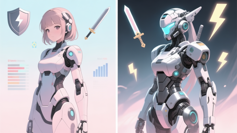 自动生成图片: Split-screen illustration showing a plain mecha girl on one side and a fully customized, strategically geared mecha girl on the other, with subtle stat icons like shield, sword, and lightning bolt floating around her, soft mecha aesthetic, pastel and steel color palette high quality illustration, detailed, 16:9