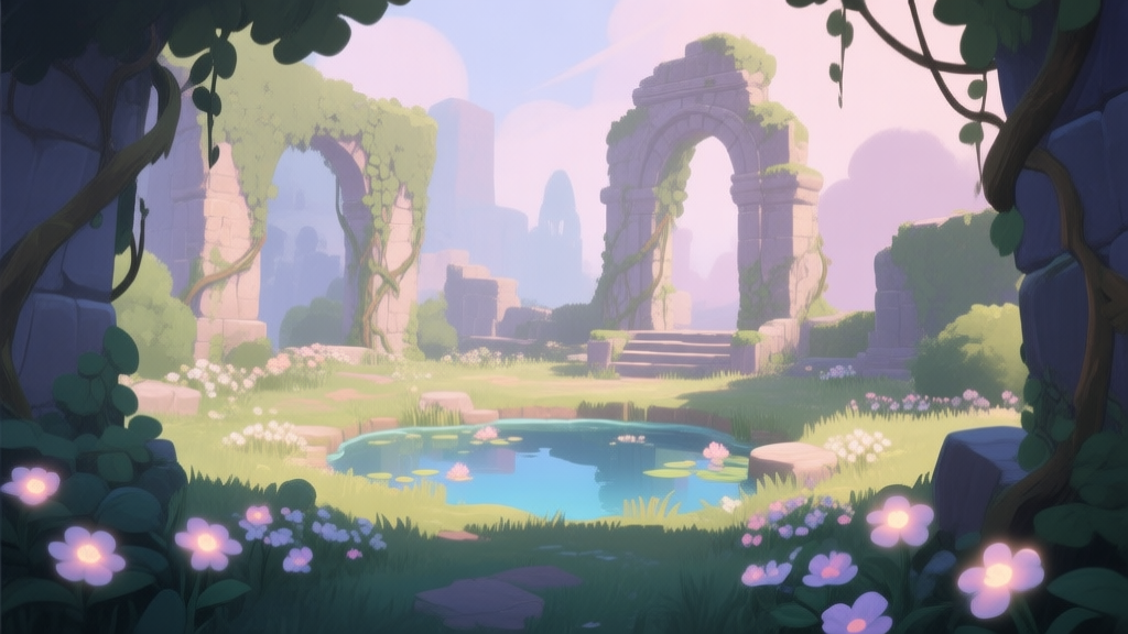 A serene, hidden garden scene within a video game, with soft glowing flowers, a small pond, and ancient stone ruins partially covered in vines, viewed from a discoverer's perspective, soft pastel color palette, digital painting style high quality illustration, detailed, 16:9