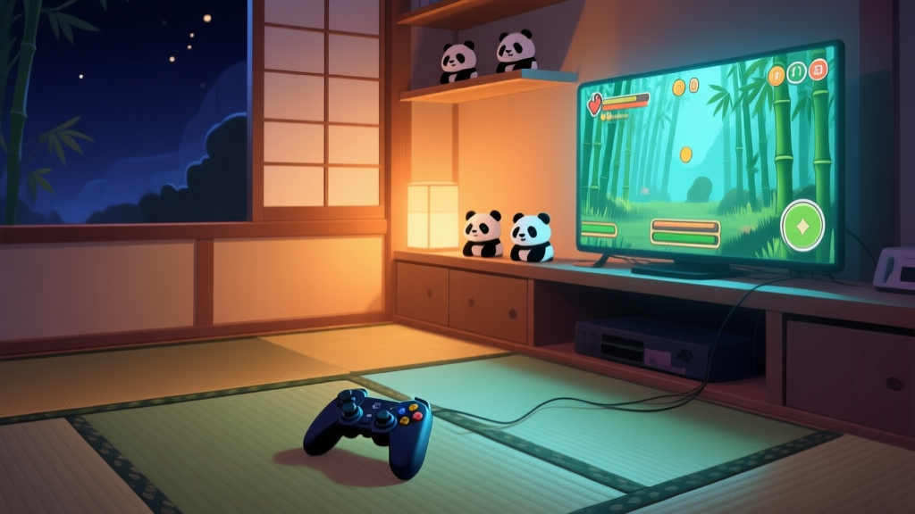 A cozy, softly lit Japanese game room at night, with a console controller on a tatami mat, a glowing screen showing a hint of bamboo forest in a game, and three small panda figurines subtly hidden on a shelf in the background, warm color palette high quality illustration, detailed, 16:9