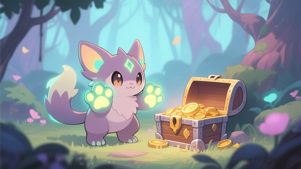 A cute but powerful fantasy pet creature with glowing paws, standing next to a treasure chest in a mystical forest, soft pastel colors, anime-inspired game art style high quality illustration, detailed, 16:9