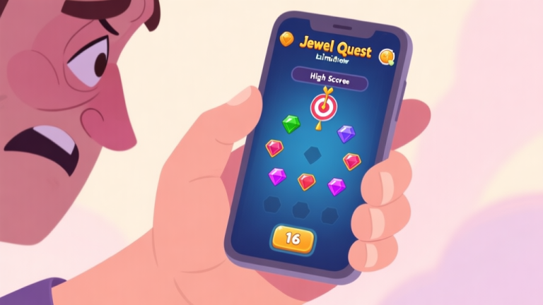 自动生成图片: A close-up of a frustrated hand holding a smartphone, with a challenging Jewel Quest level on screen showing limited moves and a high score target, in a soft pastel color palette high quality illustration, detailed, 16:9