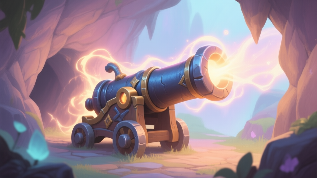 A whimsical but powerful-looking cannon in a fantasy game setting, glowing with magical energy, placed in a hidden grotto. Soft pastel and ethereal light color scheme, painterly style. high quality illustration, detailed, 16:9