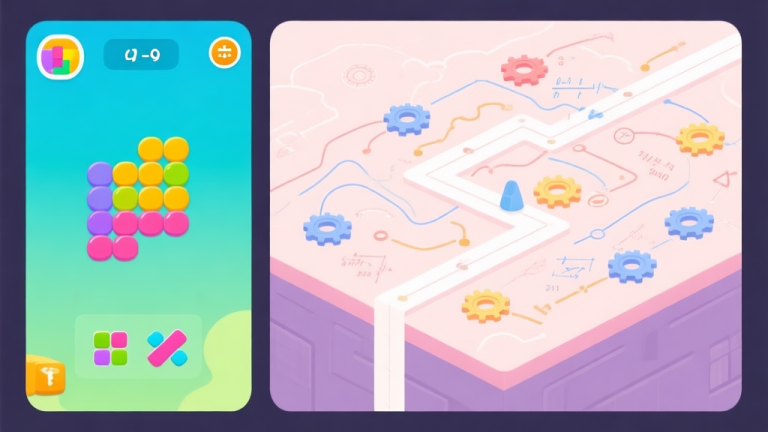 自动生成图片: A split-screen image showing the colorful, simple interface of a match-3 puzzle game on one side, and on the other side, a complex web of strategic pathways, gears, and calculations hidden beneath the surface, in a soft pastel color scheme high quality illustration, detailed, 16:9