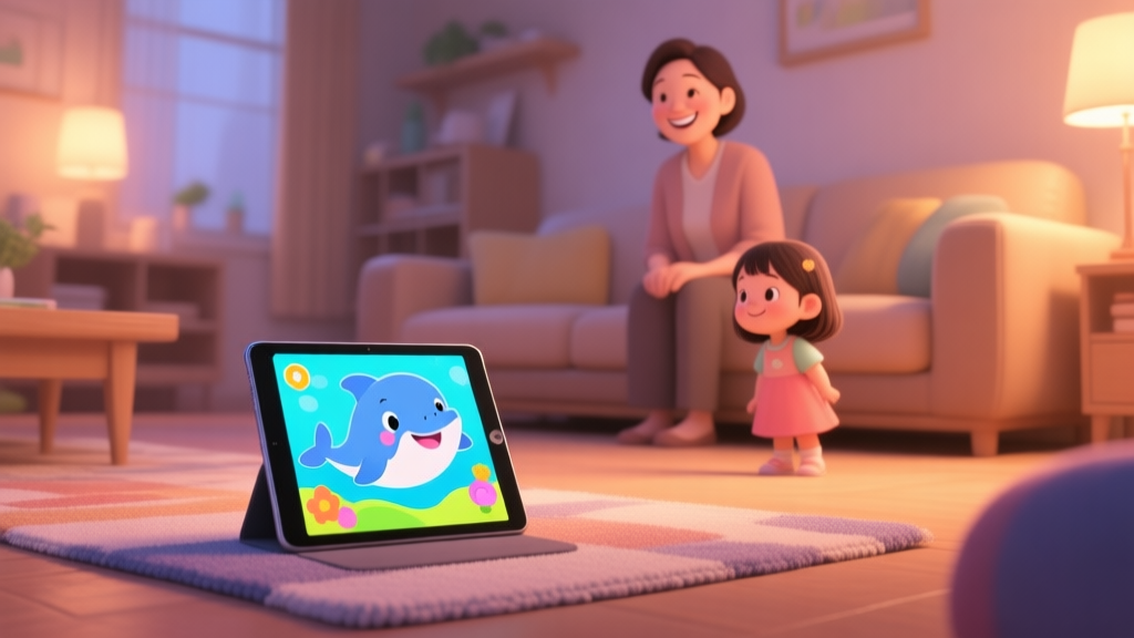 A cozy, softly lit living room scene from a child's perspective, with a tablet on a rug showing a colorful, friendly cartoon dolphin and a little girl. In the background, a parent is smiling and observing. Warm, gentle color palette. high quality illustration, detailed, 16:9