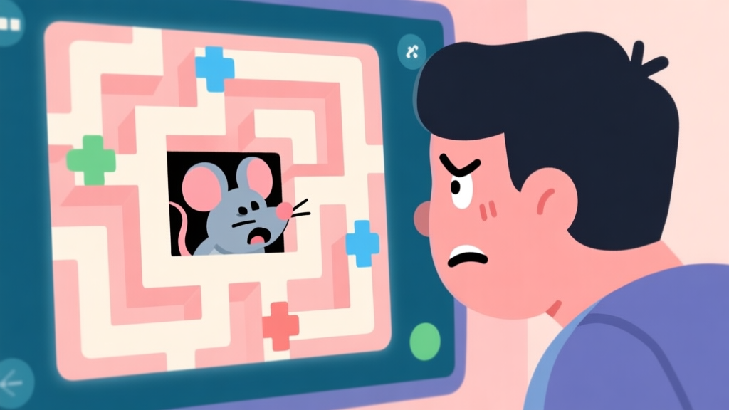 A frustrated player looking at a puzzle game screen with a cartoon mouse escaping a maze, flat design style, soft pastel colors high quality illustration, detailed, 16:9