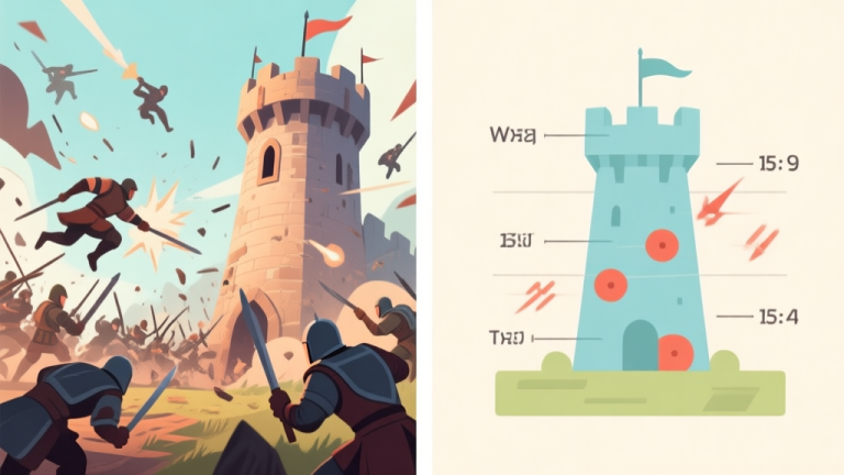 自动生成图片: Split-screen illustration showing a chaotic battle scene with units attacking a tower on one side, and a clean, analytical diagram of a tower's weak points and attack patterns on the other, in a soft color palette high quality illustration, detailed, 16:9