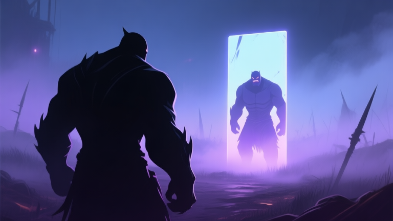 自动生成图片: A dark, silhouetted video game boss character facing a glowing, mirror-like version of itself on a misty battlefield, soft purple and blue lighting, atmospheric and tense mood high quality illustration, detailed, 16:9