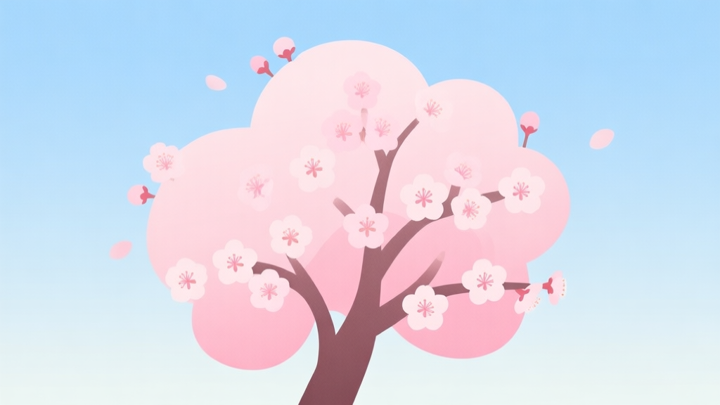 A serene, minimalist illustration of a blossoming cherry tree with soft pink flowers against a pastel blue sky, flat design style, gentle gradient background high quality illustration, detailed, 16:9