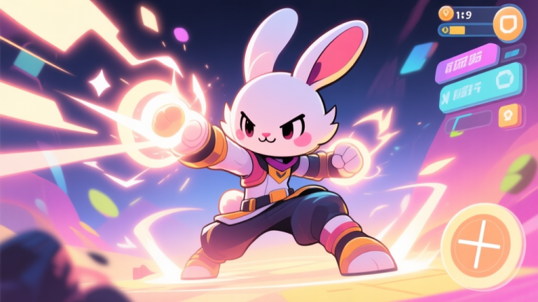 自动生成图片: A vibrant, stylized game poster featuring a cute but powerful rabbit-eared character in dynamic action pose, surrounded by glowing energy effects and UI elements, in a pop art style with soft gradients high quality illustration, detailed, 16:9